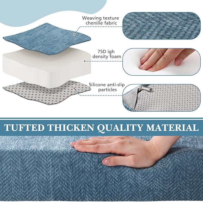 Leinuosen Bench Cushion 42x16x4 Inch for Indoor Furniture Weaving Texture Chenille Kitchen Bay Window Non Slip Seat Cushion Tufted Thicken Pad for Patio Porch, Mudroom Entryway (Haze Blue)