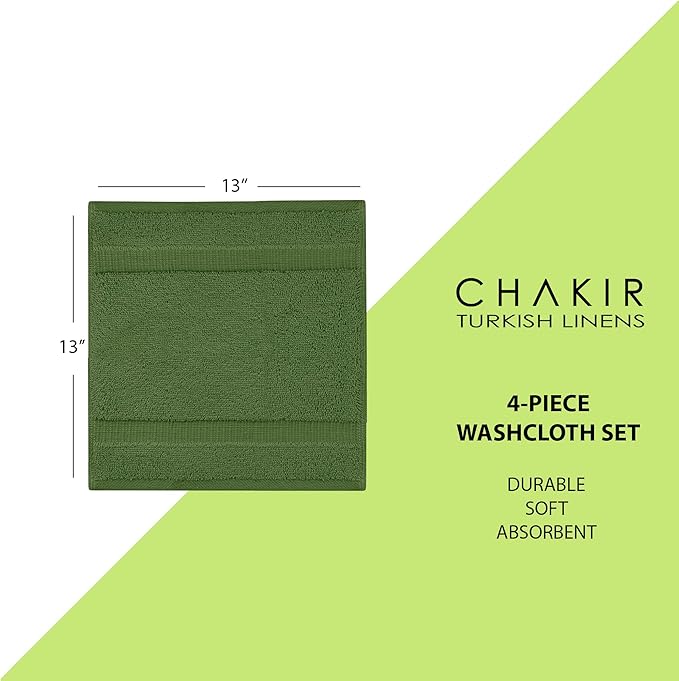 Chakir Turkish Linens | Hotel & Spa Quality 100% Cotton Premium Turkish Towels | Soft & Absorbent (4-Piece Washcloths, Moss)
