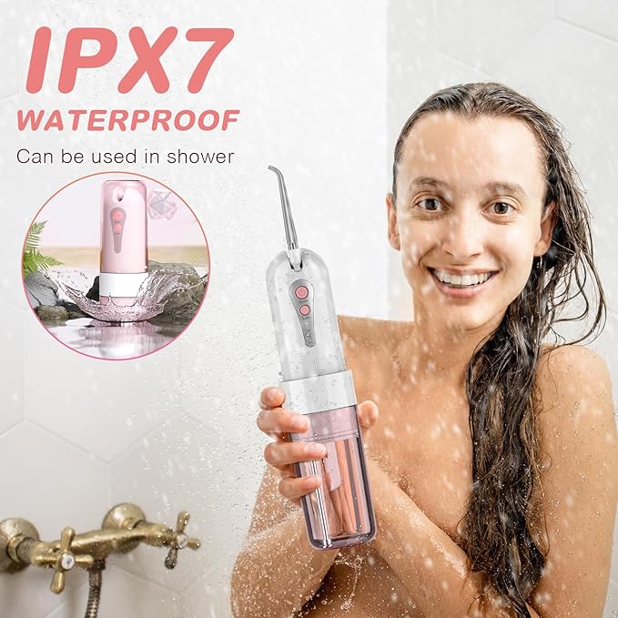 Water Dental Flosser for Teeth Cleaning and Flossing with Travel Size Case – Rechargeable Oral Irrigator, KOOVON Portable Water Flosser for Adults, IPX7 Waterproof, 5 Jet Tips & 4 Modes, Pink