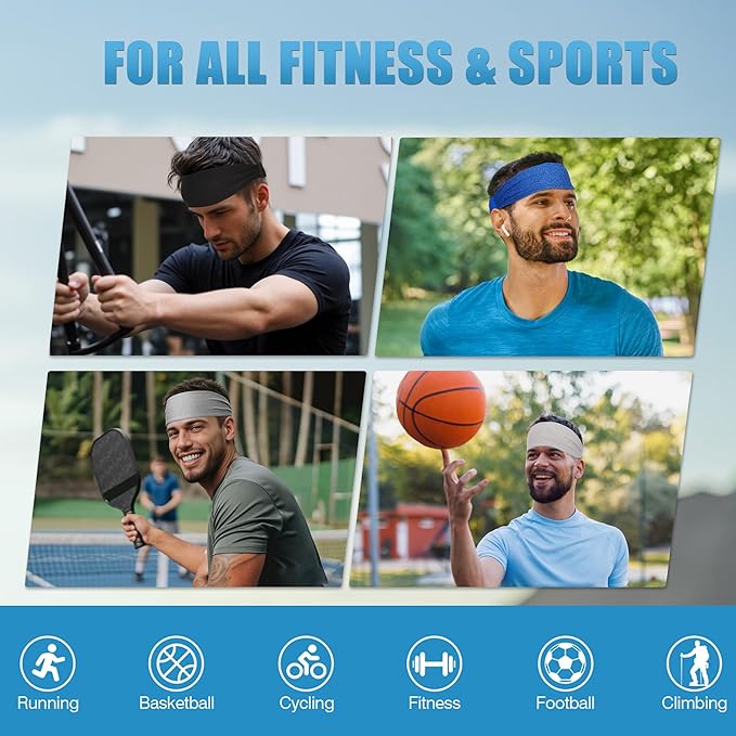 Sukeen Cooling Sports Headbands for Men: Instant Cooling Moisture Wicking Sweatbands Non-Slip, Quick-Dry Elastic Fabric Mens Headband for Gym Running Tennis Training Workout
