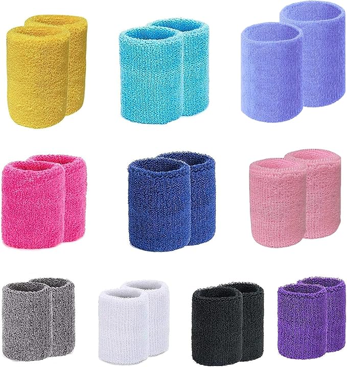 10 Pair Sweat Bands for Wrists,Tennis Wristband Absorbing Cotton Terry Cloths Arm Sweat Bands for Women Men Wrist Band for Football Basketball, Running
