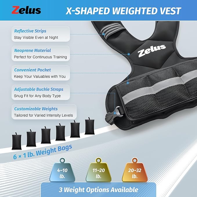 ZELUS Weighted Vest for Men and Women | 4-10lb/11-20lb/20-32lb Vest with 6 Ironsand Weights for Home Workouts | Adjustable Body Weight Vest Exercise Set for Cardio and Strength Training