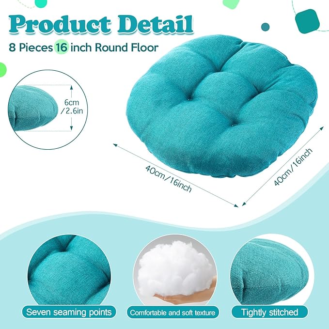 Fumete 8 Pcs 16 Inch Round Floor Cushions for Kids and Toddlers, Flexible Seating Classroom Furniture Floor Pillow for Home, Daycare, Preschool, Yoga and Meditation (Turquoise)