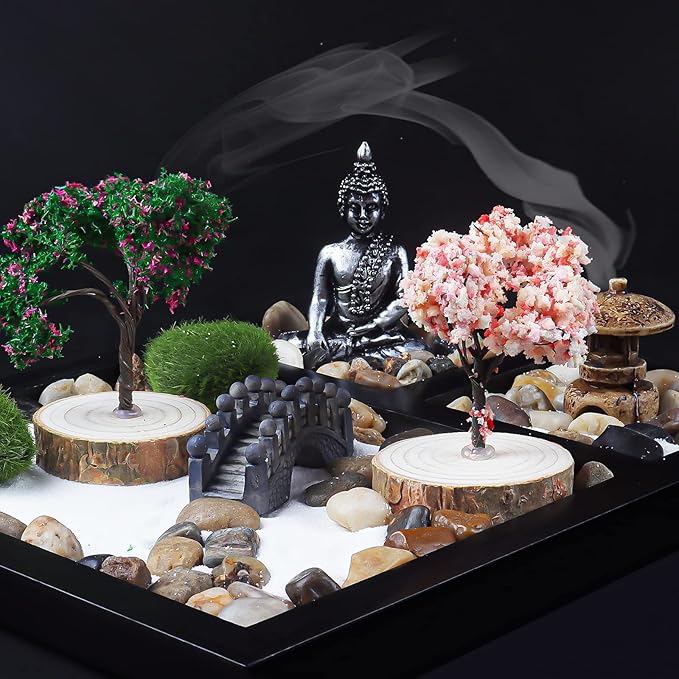Japanese Zen Garden for Desk - Sakura Budah 9" x 7" Desktop Mini Zen Garden with White Sand Artificial Bonsai Tree Rocks Rakes & Accessories - Meditation Zen Gifts Sand Garden Kit for Office Zen Decor