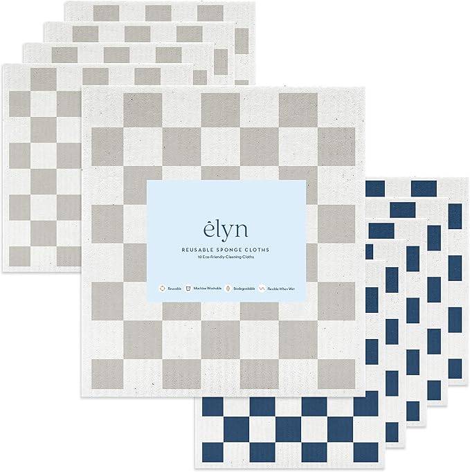 ELYN Swedish Dishcloths, Reusable & Washable Sponge Cloths, Absorbent Cleaning Paper Towels for Kitchen, Dishes, Counters and More, 10 Pack, Grey & Navy Pattern