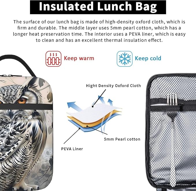 Cute Owl Lunch Box for Women Adults Kids, Insulated Cooler Lunch Bag for Picnic, School, Office, Travel, Work, Portable Reusable Polyester Tote Thermal Lunch Bags (Majestic Owl)