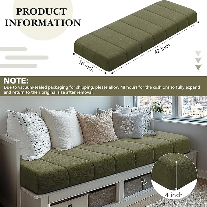 Wenqik Bench Cushion 42x16x4 Inch for Indoor Outdoor Furniture Tufted Thicken Bay Window Seat Cushion Non Slip Waterproof Dining Piano Bench Pad Pillow Anti Cat Scratch for Patio Porch Swing, Green