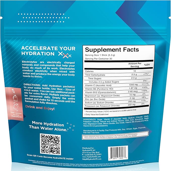 HydroMATE Electrolyte Powder Peach Tea Hydration Packets Low Sugar 30 Count