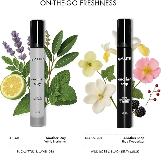 byMATTER Shoe & Fabric Freshener Spray Set – Travel Fabric Refresher & Shoe Deodorizer Pack, Odor Elimination, Suits All Materials, Smell Remover Sprays (2x 0.34 Fl Oz / 10ml)