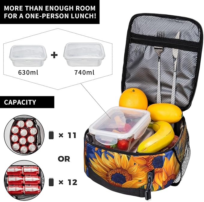 Insulated Lunch Box for Women Men, Sunflower Theme Lunch Box Reusable Portable Lunch Bag Cooler Tote Waterproof Lunch Container for Office Picnic Work Travel