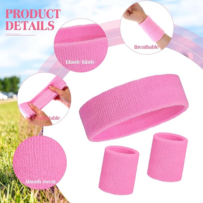 24 Pieces 80s Neon Sweatbands Set, Include 8 Sports Headbands and 16 Sweat Wristbands Elastic Athletic Tennis Sweat Bands Bulk for Man Woman