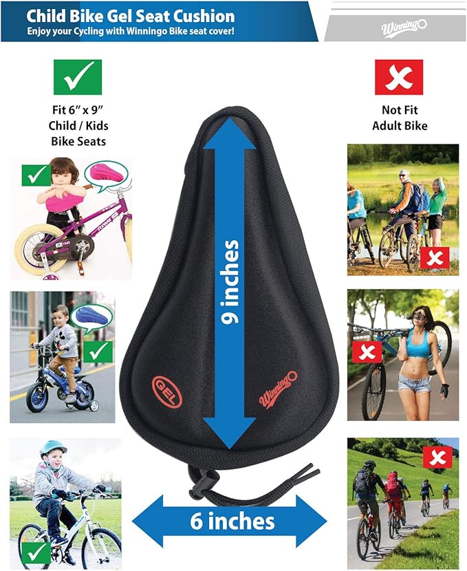 Gel Kids Bike Seat Cushion Cover, Anti-Slip Child Bike Seat Cover Comfortable Adjustable Small Bicycle Saddle Pad, 9'' X 6''