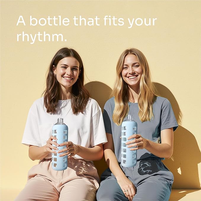 purifyou 40oz / 32oz / 22oz / 12oz Borosilicate Glass Water Bottle with Time & Volume Markers, Silicone Sleeve, Stainless Steel Lid | Reusable Glass Bottle for Water & Juice (32oz Ice Blue)