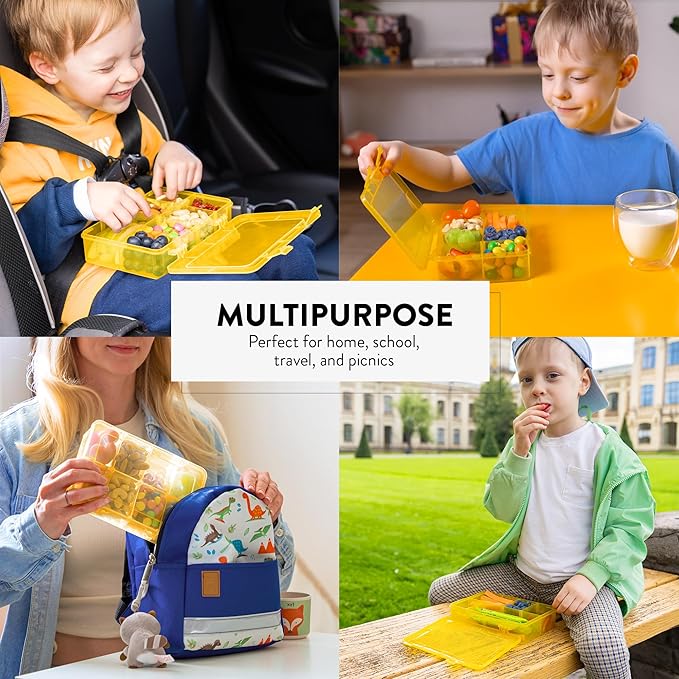 Snack Box Containers Set of 2-Reusable,100 Dissolvable Labels, 8 Adjustable Compartments, Dishwasher Safe, BPA-Free, Meal Prep Container, PARENT TESTED PARENT APPROVED AWARD (2 Pack) (Yellow)