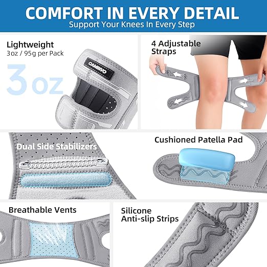 CAMBIVO Knee Brace for Men and Women, Patella Tendon Knee Strap with Gel Pad and Side Stabilizers, Adjustable Knee Band for Knee Pain Relief, Lightweight Knee Support for Workouts, Running, Training (Gray, L/XL)