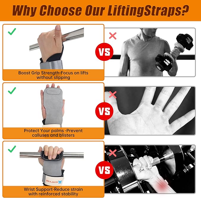 Weight Lifting Straps:3-ply Genuine Cowhide,Thickened SBR Pads, Anti-Snap Design ,Wrist Straps for Deadlifts,Weightlifting,Rows and Pull-Ups, Grip Straps Provide Ultimate Wrist Protection & Grip Booster