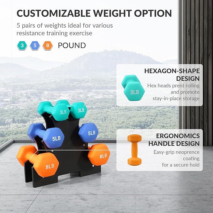 Neoprene Dumbbell Set for Women 2-5 lb | 3 Pairs Hand Weights Set with Rack, Hex Anti-Roll, Color-Coded Home Gym Gifts