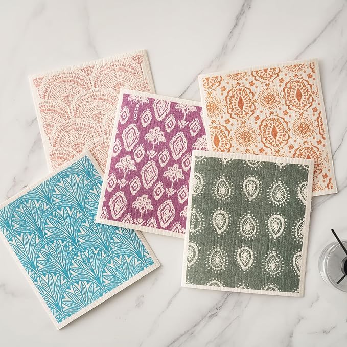 RECYCO Swedish Dishcloths for Kitchen | 5 Pack Gem Washable Dish Rags | Cellulose Reusable Cleaning Paper Towels | Absorbent Counter Dish Cloth Sponge Kitchen Wipes, 8" L x 7" W