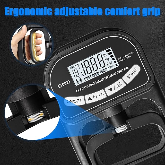 Grip Strength Tester 396 lbs/180 kg with Backlit LCD Display, Digital Hand Grip Dynamometer Records Up to 19 Users, Adjustable Grip Strength Trainer 11–220 lbs for Sports, Rehab, Home & School Use
