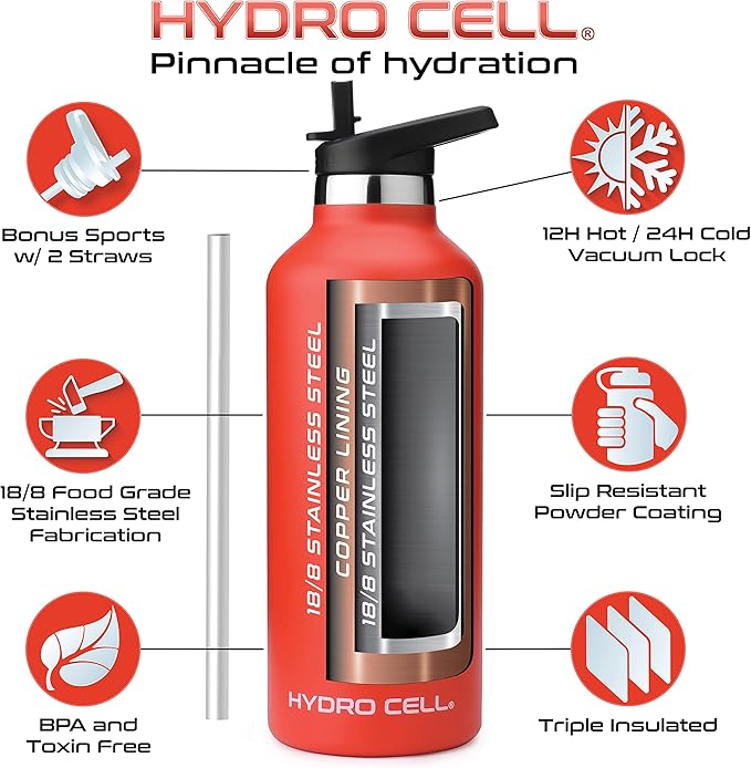 HYDRO CELL Stainless Steel Water Bottle with Straw & 2 Standard Mouth Lids (32oz 24oz 20oz 16oz) Keeps Liquids Hot or Cold w/Double Wall Vacuum Insulated Leak Proof Sport Design (Red 32oz)