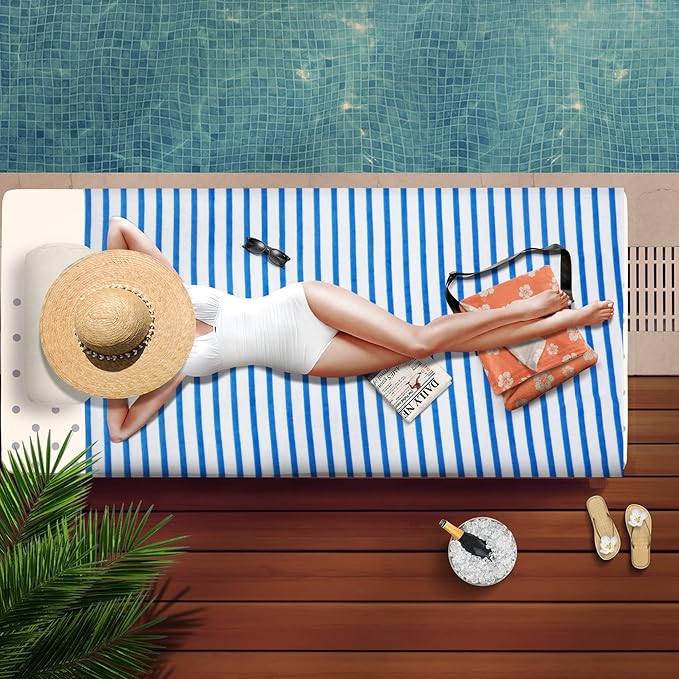 JML Beach Towels, Microfiber Bath Towel Set, 6 Pack, 30" x 60", Cabana Stripe, Absorbent, Quick Dry for Adults, Travel, Summer, Sport, Swimming, Pool, Yoga, Camping, Stripe Blue and White