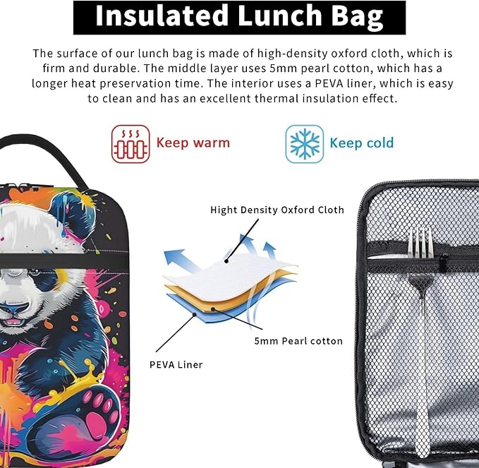 Funny Panda Lunch Box for Women Girls Boys Kids, Insulated Cooler Color Splash Panda Lunch Bag for School, Picnic, Office, Work, Travel, Portable Polyester Thermal Reusable Tote Lunch Bags