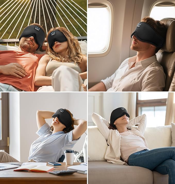 Ice Silk Sleep Mask with Headphones, Sleep Headphones for Side Sleeper with 3D Cups, Bluetooth 5.4 Sleeping Eye Mask, Total Blackout Sleeping Headphones for Women Men(Black)