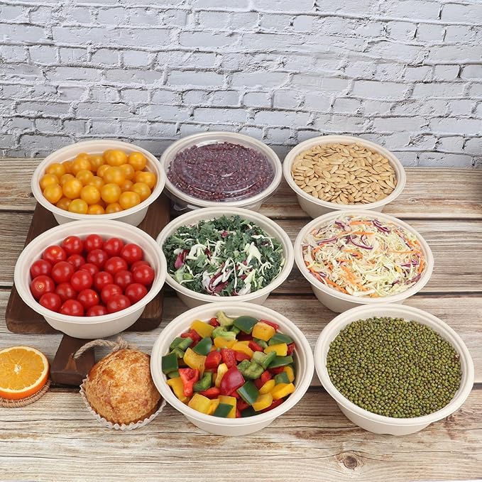30 oz Disposable salad bowls with lids, Sugarcane Fiber Paper Bowls take away food containers Plant Fibers Freezer Safe 50 Pack
