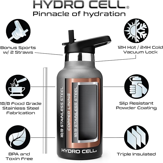HYDRO CELL Stainless Steel Water Bottle with Straw & 2 Standard Mouth Lids (32oz 24oz 20oz 16oz) Keeps Liquids Hot or Cold w/Double Wall Vacuum Insulated Leak Proof Sport Design (Graphite/Black 16oz)