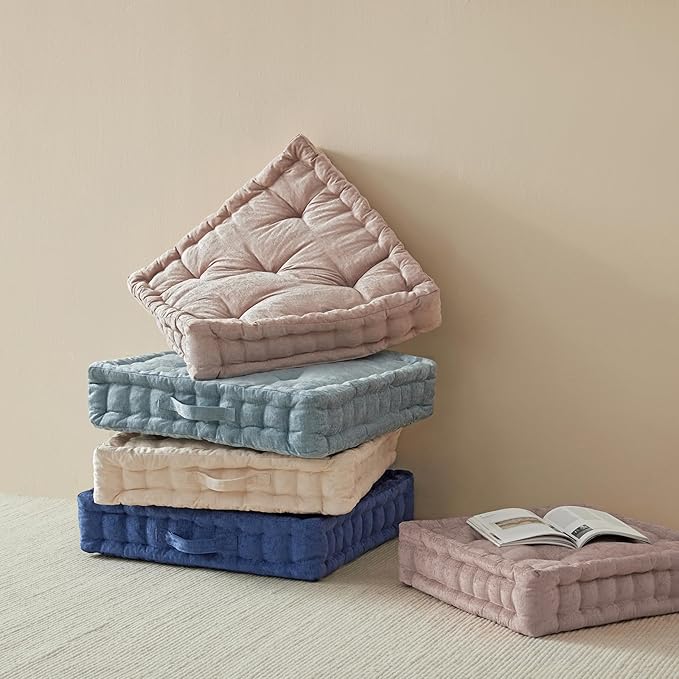 Intelligent Design Large Floor Pillow for Adults Yoga or Meditation Cushion with Handle, Floor Cushion for Board Games, Lustrous Chenille Tufted, Handsewn Scalloped Edge, Azza, 24" x 24" x 5" Aqua