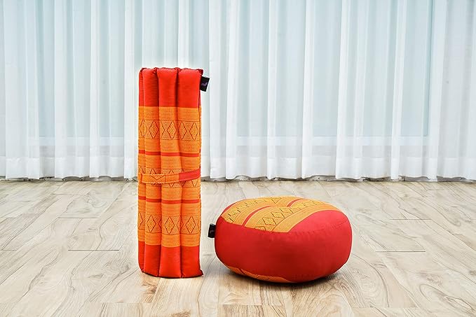 Leewadee Meditation Cushion Set – 1 Small Zafu Yoga Pillow and 1 Small Roll-Up Zabuton Mat Filled with Kapok