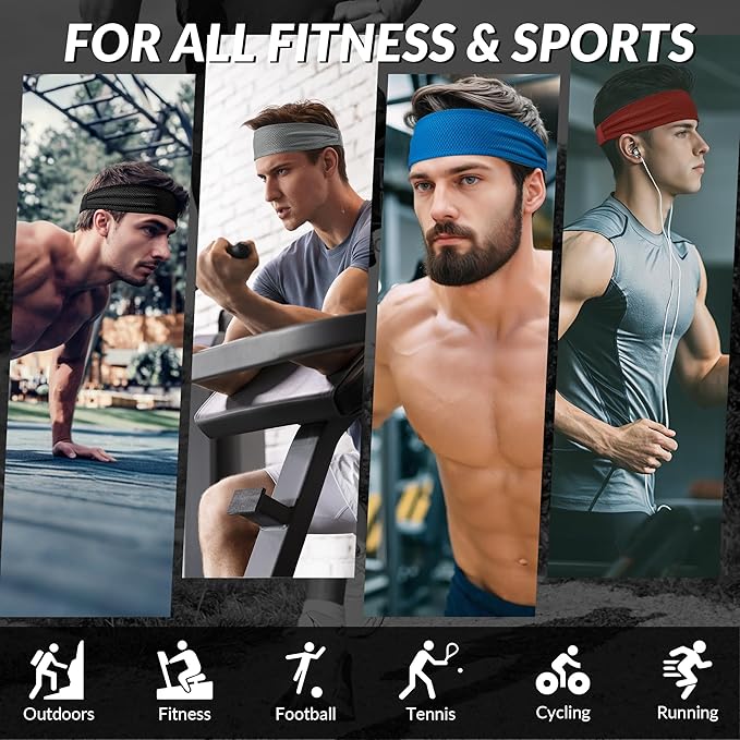 Sukeen Sports Headbands for Men, Moisture Wicking Sweat Bands Headbands Non-Slip, Breathable Elastic Sweatband, Running Headband for Yoga, Tennis, Fitness Workout
