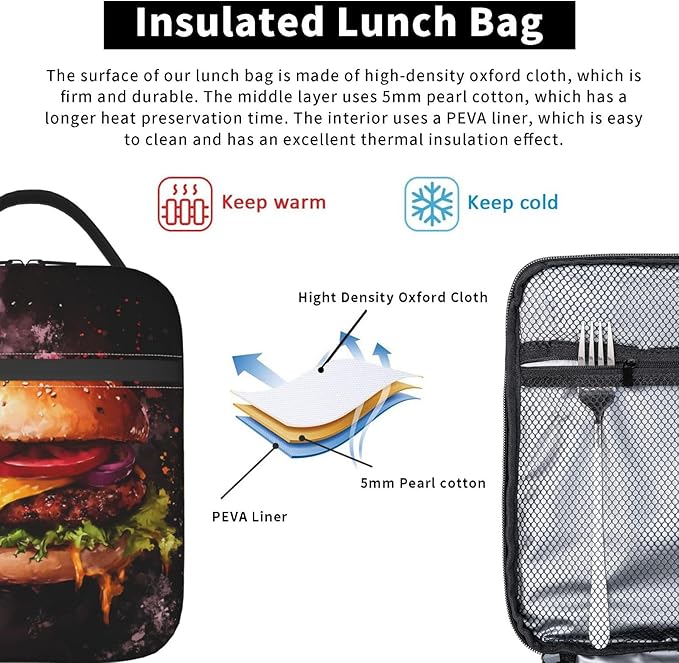 Hamburger Lunch Box for Women Men, Insulated Lunch Box Reusable Portable Lunch Bag Cooler Tote Waterproof Lunch Container for Office Picnic Work Travel