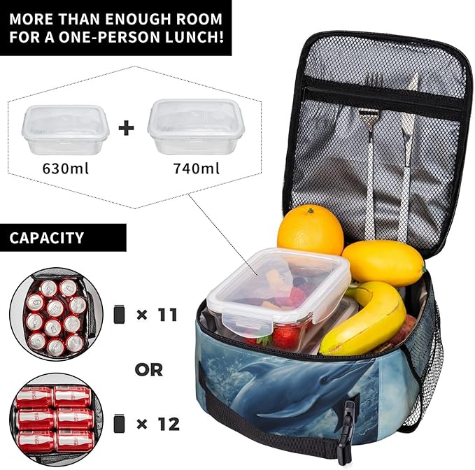 Dolphin Lunch Box for Women Men, Insulated Lunch Box Reusable Portable Lunch Bag Cooler Tote Waterproof Lunch Container for Office Picnic Work Travel