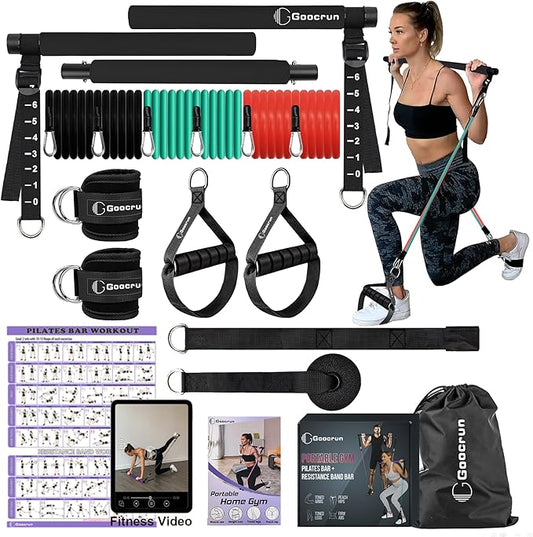 Portable Pilates Bar Kit with Resistance Bands for Men and Women - 3 Set Exercise Resistance Bands - Multifunctional Home Gym - Supports Full-Body Workouts – with Fitness Poster and Video