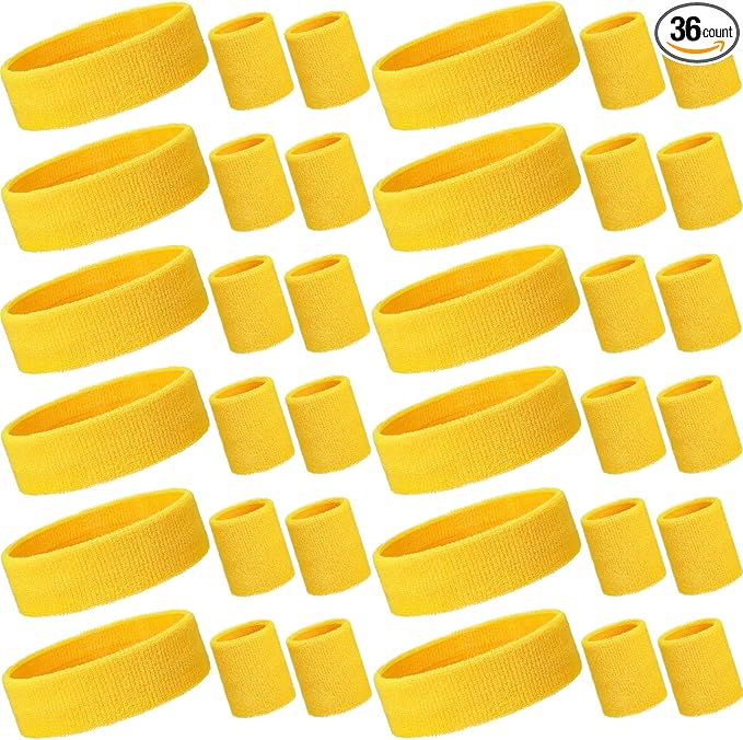 Bememo 36 Pcs Neon Sweatbands Set for Kids Bulk Sports Headband Wristband Set Cotton Terry Basketball Tennis for Students Youth 80s 90s Halloween Costumes Cosplay Glow Party