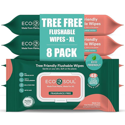 ECO SOUL Bamboo Flushable Extra-Large Adult Wipes - Unscented, 384 Count (8 Pack of 48) - Eco-Friendly Bamboo Wipes, 99% Purified Water, Hypoallergenic, Soft, BPA & Paraben Free
