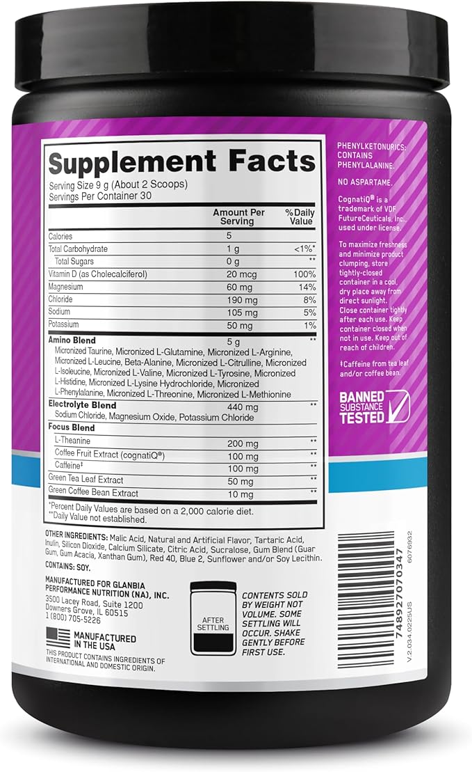 Optimum Nutrition Amino Energy Powder Plus Focus, with BCAA, Electrolytes, and Caffeine, Grape, 30 Servings (Packaging May Vary)