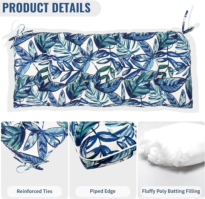 Tufted Bench Cushion for Outdoor Furniture, Patio Swing Cushion 44 x 19 x 5 Inch, Overstuffed Outdoor Chair Cushion for Garden Loveseat Lounge Storage, 1 Pack, Leaves Ink Blue