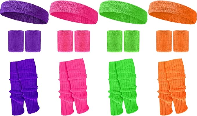 Haysandy 4 Sets 80s 90s Leg Warmers Set for Women Costume Neon Headband Rainbow Wristbands for Sport Yoga Workout Clothes