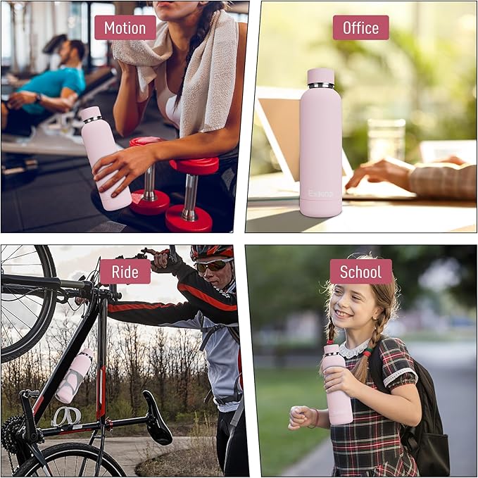 Slim Insulated Water Bottles for Travel 18oz with Clip, Double Wall Vacuum Stainless Steel Water Bottle Keeps Drinks Cold 24 Hrs/Hot 12 Hrs, 100% Leakproof, BPA Free(Pink)