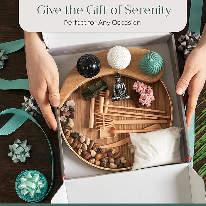 Zen Garden for Desk – Mini Zen Garden Kit for Calming Stress & Relaxing - Japanese Sand Box with Tray, Buddha, Tree, Sand, Rakes, Pebbles & Balls – Sensory Relaxation Gift for Home & Office Decor