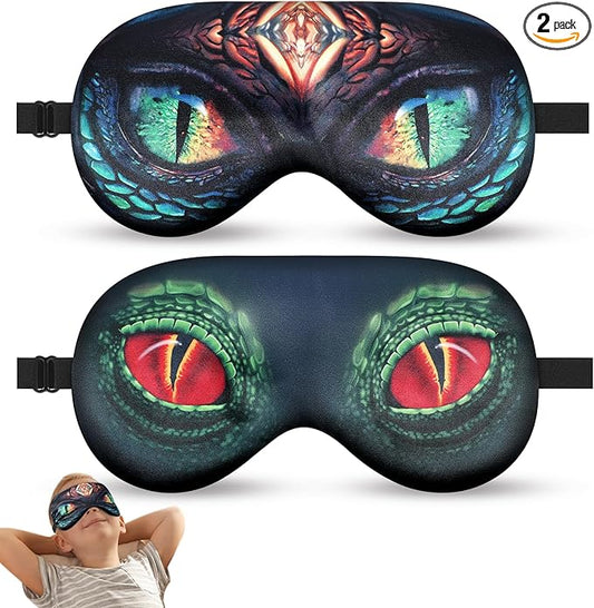 2 Pcs Sleep Mask for Kids Boys, Silk Eye Covers for Sleeping, Adjustable Strap & Light Blocking Design, Adult Children's Bedtime Blindfold for Travel and Home Use (Red Dinosaur Eyes)