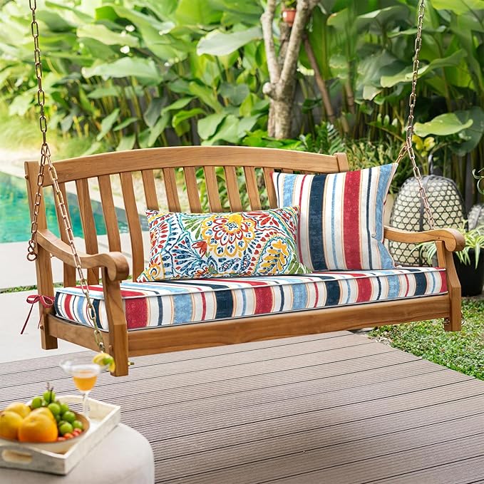 Outdoor Bench Cushion, Bench Furniture Cushion 48x18x3 Inch, Porch Swing Cushions for Home Garden Loveseat Couch Sofa Glider, Stripe Red Blue