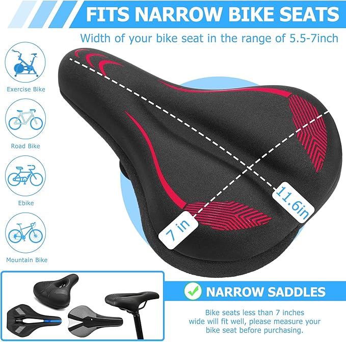 Gel Bike Seat Cushion, Soft Gel Padded Bicycle Seat Cover for Men & Women Comfort, Extra Padding Cycle Seat Cushion for Peloton, Stationary Exercise Bike, Beach Cruiser, Ebike, MTB, Road Bicycle