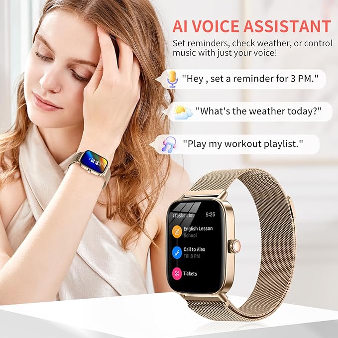 Smart Watch for Women(2 Bands), 1.85" HD Fitness Tracker Screen with Call Function, IP68 Waterproof, 100+ Sport Modes, Blood Oxygen Monitor/Heart Rate/Sleep Monitor, iOS Android Compatible (Gold)