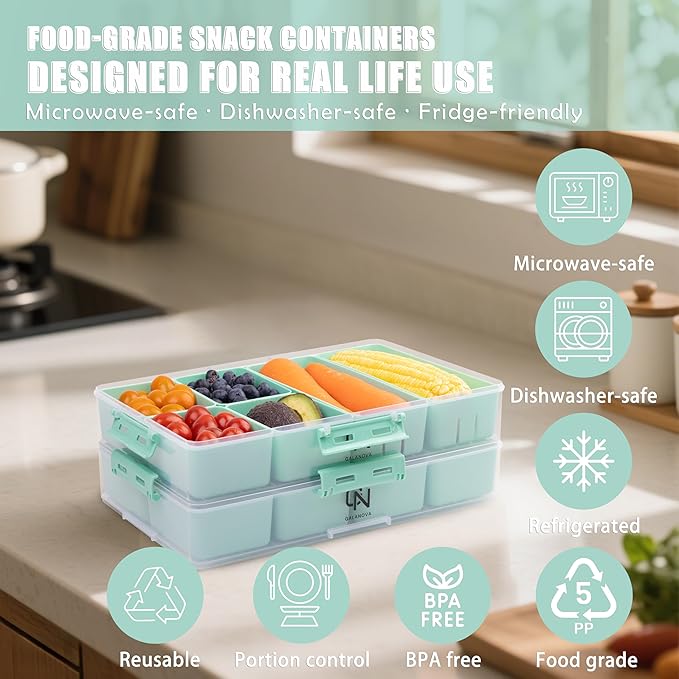 Stackable Snackle Box Container with 2 Lids - BPA-Free Snackle box Organizer, Dishwasher & Microwave Safe Reusable Snacklebox for Veggies, Fruits, Charcuterie, Snacks (Green, 2 Pack)