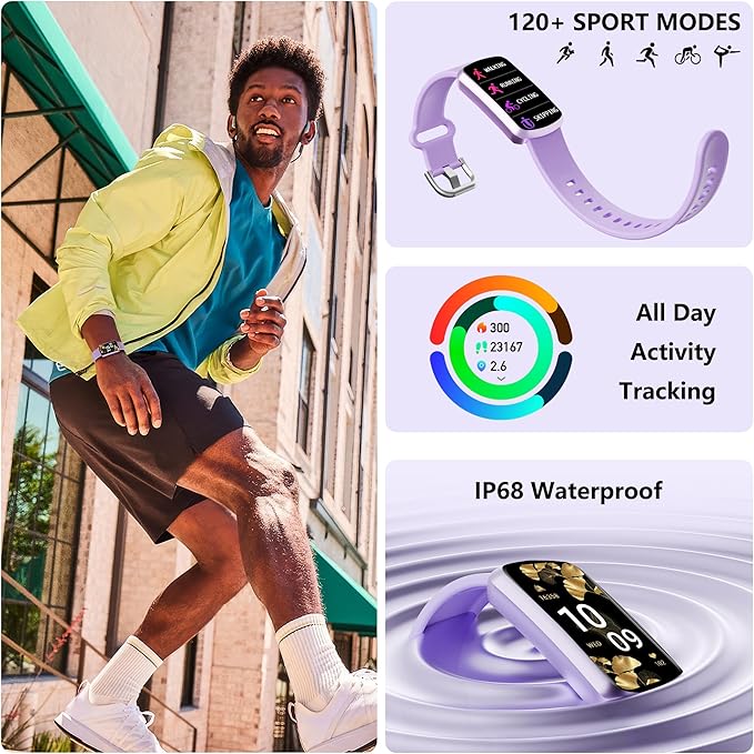 Health Fitness Tracker, Smart Watch with 24/7 Heart Rate and Blood Pressure Monitor, Activity Tracker with Blood Oxygen, 120 Sport Mode Waterproof Sleep Tracker for Women Men (Purple)