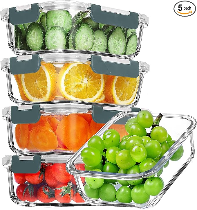 VERONES 5 Pack 36 OZ Glass Meal Prep Containers, Airtight Glass Lunch Containers Set, Glass Food Storage Containers with Lids,Exclusive of BPA, for Microwave, Oven, Freezer & Dishwasher Friendly,Grey