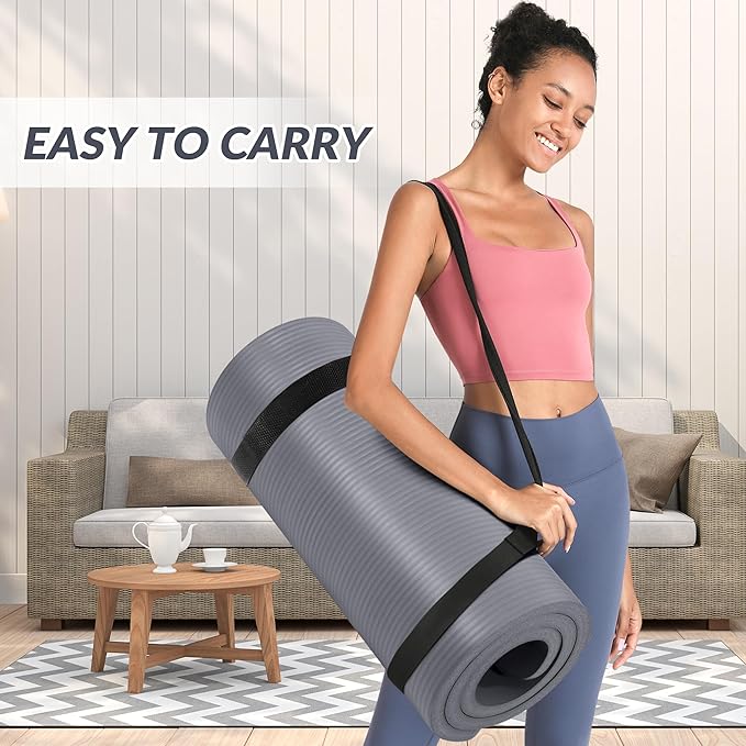 BalanceFrom 1-Inch Thick High-Density Exercise Yoga Mat, Non-Slip Workout Mat with Carry Strap for Men & Women, Ideal for Pilates, Stretching & Floor Exercises at Home or Gym, Multiple Color